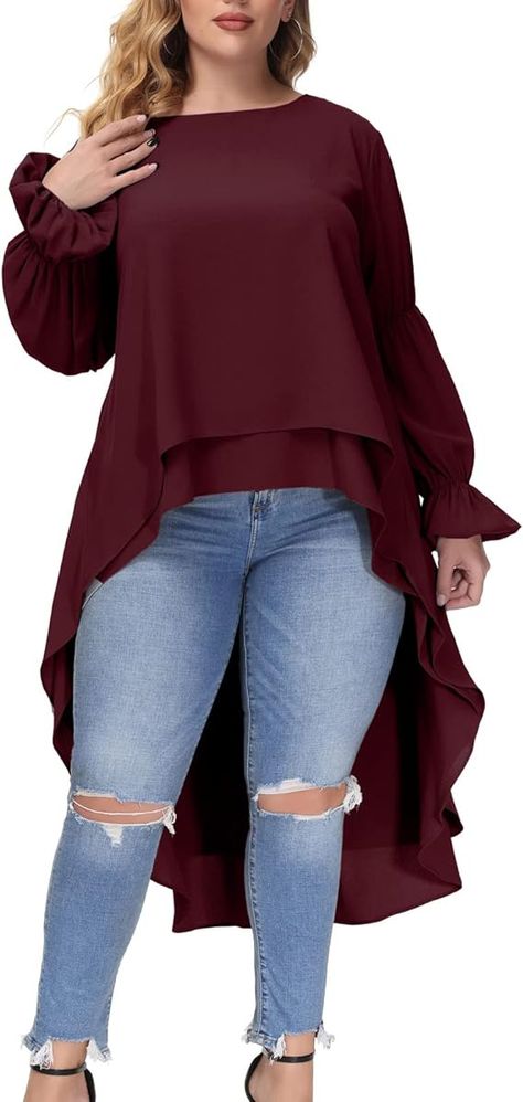 Hanna Nikole Women Plus Size High Low Tops Lantern Sleeve Asymmetrical Hem Blouse Shirt Dress at Amazon Women’s Clothing store Asymmetrical Hem Top, Long Sleeve Tunic Dress, Tunic Shirt Dress, Flare Long Sleeve, Hem Blouse, Plus Size Clothing For Women, Summer Blouses, Layer Dress, Women Plus Size