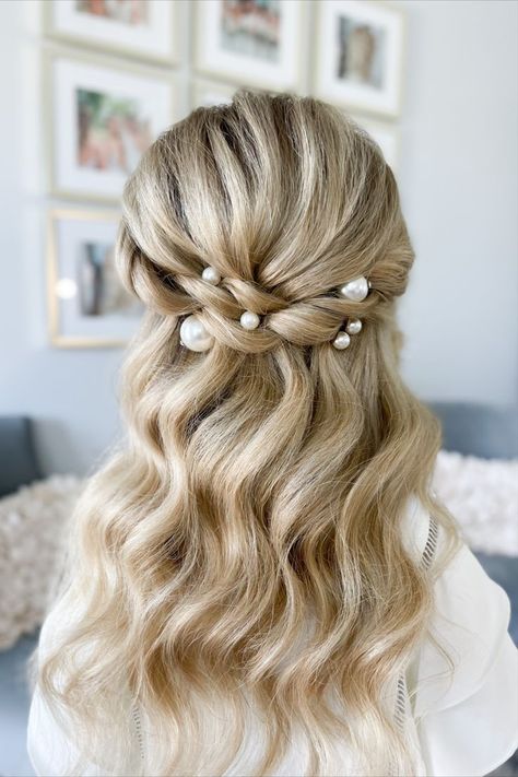 Learn this half up half down hairstyle in my online bridal hairstyling education program. Soft glam waves, half up with twists, bridal hair accessories, hair pearls. Pearl Bridesmaid Hair, Bridesmaids Hair With Pearls, Hairstyle With Veil Half Up Half Down, Half Up Half Down Bridal Hair With Pearls, Half Up Pearl Hair, Wedding Hair With Pearls And Veil, Bridal Hair Half Up With Pearls, Half Up Hair With Pearls, Bridesmaid Hair Pearls