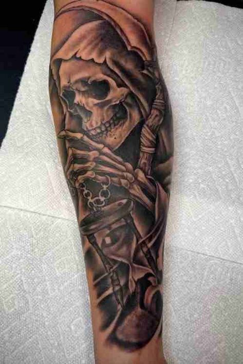 Cool Men Forearm Tattoos, Skeleton Grim Reaper Tattoo, Astetic Tattoos For Men, Mens Skull Tattoo Ideas, Grim Reaper Forearm Tattoo Men, Grim Reaper Leg Tattoo, Grim Reaper Arm Tattoo, Born To Kill Tattoo, Grim Reaper Realistic