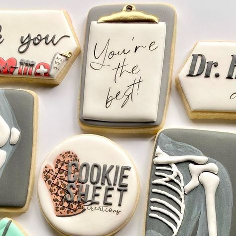 Cookie Sheet Creations on Instagram: "A fun doctors office ••thank you•• set!🩻🩺💉 • • • #thankyoucookies #doctorcookies #xraycookies #nursecookies #orthopediccookies #decoratedsugarcookies #decoratedcookies #royalicingcookies" Doctor Cookies Decorated, Thank You Sugar Cookies, Thank You Cookies Decorated, Doctor Cookies, Flooded Cookies, Nurse Cookies, Prescription Pad, Thank You Cookies, Flooding Cookies