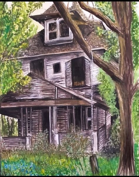 Reference used painting Acrylic painting Abandoned Building Painting, House Painting Art, Old House Painting, Building Painting, Abandoned House, Halloween Painting, Abandoned Buildings, Abandoned Houses, Paint Ideas