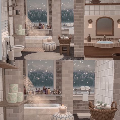 Building A Bathroom, Bath House Ideas, Winter Interior Design, Cottagecore Animal Crossing, Ground Design, Cozy Bathroom, Animal Crossing 3ds, Happy Home Designer, Animal Crossing Qr Codes Clothes