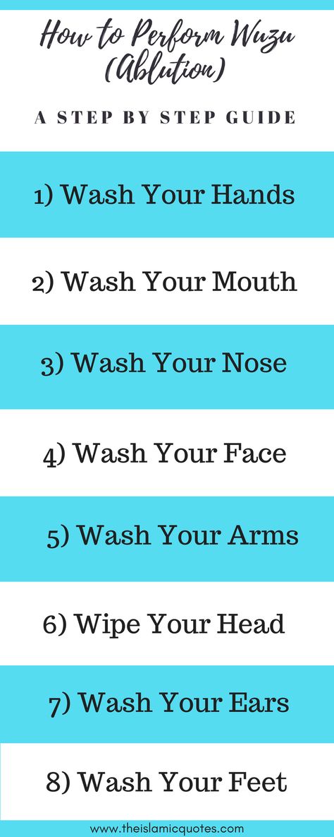 How to Perform Wudu (Ablution). Wudu is one of the Islamic procedures for one's purification. It is a cleaning method that mainly comprises of washing the face, arms, feet and wiping the head. It acts as a guard against negative feeling and evil desires that get a person to commit unforgivable sins. Islam Routine, Islamic Etiquette, Kids Room Quotes, Islamic Duas, Islamic Kids Activities, Islam Quotes About Life, Men Tips, Ramadan Day, Muslim Kids