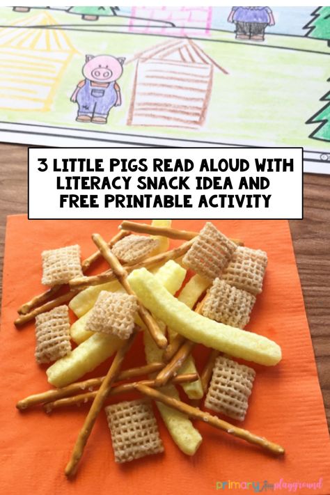 3 Little Pigs read aloud with literacy snack idea and free printable activity; contains cereal, pretzels, and puffed sticks on an orange napkin. 3 Little Pigs Stem Challenge, Pigs Preschool Activities, Three Little Pigs Activities Preschool, The Three Little Pigs Activities, Pig Activities, 3 Little Pigs Activities, Farm Classroom Theme, Community Helpers Preschool Activities, Classroom Snacks