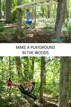 I turned the woods behind our house into this fun backyard playground but using the trees and stumps to build swings and other play equipment. #backyarddiy #diyplayground #backyardplayground #diybackyard Pallet Jungle Gym Diy, Natural Playground In The Woods, Diy Jungle Gym Backyards Simple, Natural Playscapes Backyard, Woods Play Area, Playground In The Woods, Natural Playground Backyard, Natural Playground Diy, Wilderness Playground