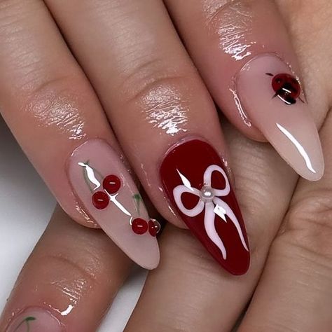 𝐒𝐊𝐘𝐄 | 𝒢𝑒𝓁 𝒳 𝒩𝒶𝒾𝓁𝓈 on Instagram: "♡ 🍒🎀🐞 ib @nailsxanalysse ♡ length/shape: medium, rounded stiletto . . . . . . ♡ #nailsofinstagram #gelx #apresnails #nails #nailart #apres #nailinspo #nailsofig💅🏼 #inlandempirenails #ienailtech #explore #nailsbyskyelinh" Gel X Nails, Coquette Nails, X Nails, French Acrylic Nails, Nail Idea, Almond Nail, Ideas Nails, Nail Designs Spring, Dream Nails