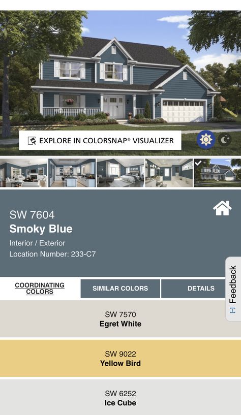 Smoky Blue House Exterior, Smokey Blue Exterior House Paint, Blue Exterior House Colors, Outside Paint, Yellow Bird, Blue Interior, House Paint Exterior, Exterior House Colors, Blue House