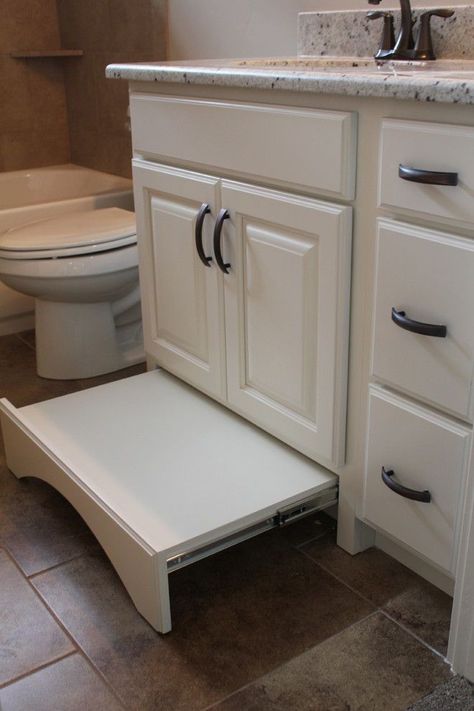 Pull Out Step Stool, Craftsman Bathroom Ideas, Craftsman Bathroom Remodel, Bathroom Vanity Stool, Toddler Bathroom, Craftsman Bathroom, Toddler Step Stool, Bathroom Stool, Step Stool Kids