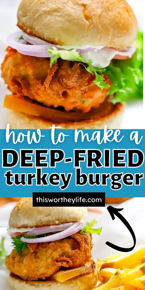 Deep Fried Burgers, Deep Fried Burger, Juicy Burger Recipe, Turkey Chops, Turkey Patties, Deep Fried Turkey, Country Fried, Deep Fried Food, Fried Turkey