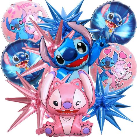 PRICES MAY VARY. You will get set of 10pcs stitch theme balloons in different shapes, namely: 1pcs of big foil stitch character balloons, 1pcs of big foil balloon Stitch shape, 2pcs stitch balloons round shape in pink color, 2pcs of round Stitch and Lilo balloons in blue color, 2pcs pink balloons star shape and 2pcs blue balloons star shape All of stitch balloons for birthday have different sizes: giant stitch theme balloon has size 19.6 inch, round balloons have size 18 inch and star balloons a Stitch Balloons, Angel And Stitch, Stitch Birthday Party, Cartoon Ears, Lilo Und Stitch, Stitch Birthday, Party Cartoon, Stitch Character, Round Balloons