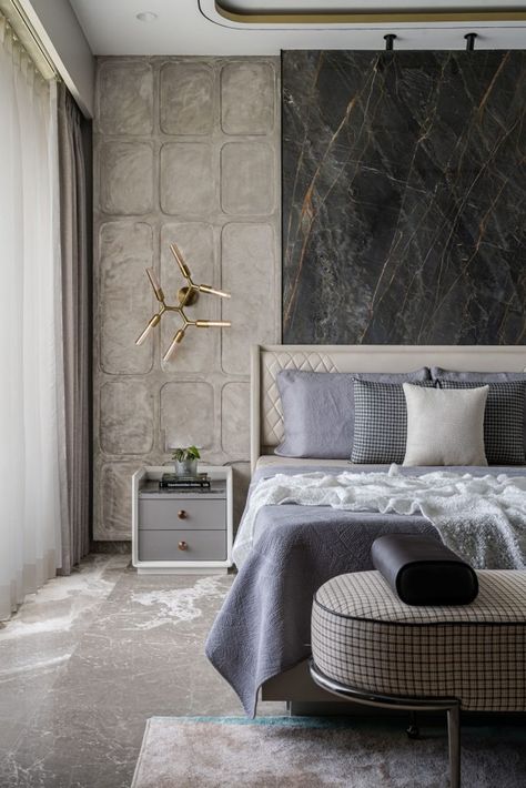 Look behind the luxe lifestyle of this quirky Mumbai home - Architect and Interiors India St Laurent Marble, Institutional Design, Cot Design, Modern Luxury Bedroom Design, Bed Panel, Marble Bedroom, Hotel Ballroom, Luxe Bedroom, Leather Sofa Living Room