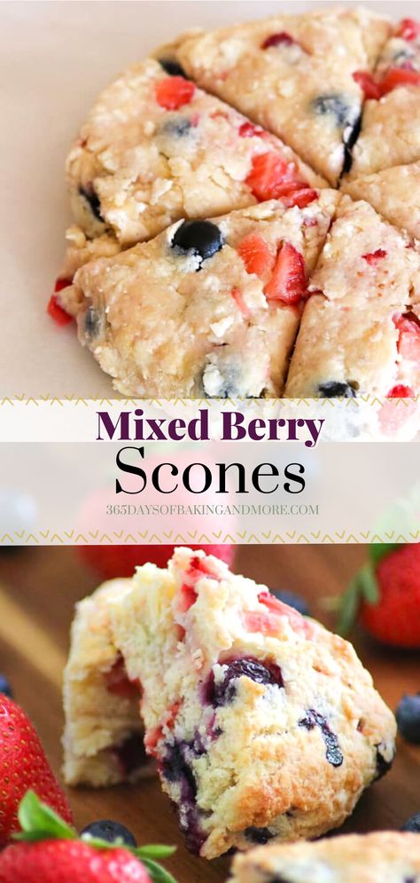 Mixed Berry Scones Recipe, Mixed Berry Scones, Berry Scones Recipe, Summer Breakfasts, Fresh Berries Recipes, Blueberries And Strawberries, Best Scone Recipe, Breakfast Scones, Berry Scones