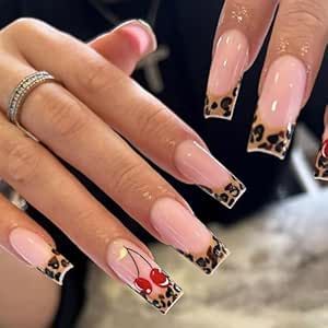 Acrylic Nails Brown, Nails Long Square, Nails Press Ons, Fake Nails Long, Press On Nails Long, Leopard Print Nails, Cherry Nails, Acrylic Nail Kit, Fake Nails With Glue