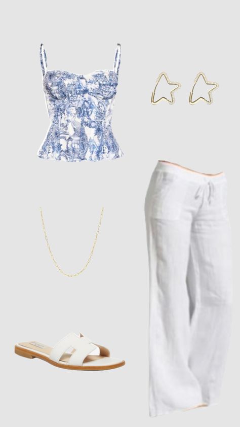 Holiday Outfit Ideas Summer, Outfit Ideas For Greece, Vacation Fits Aesthetic, Summer Sea Outfits, Blue Top White Pants, Florida Aesthetic Outfits, Tropical Summer Outfits, Florida Outfits Vacation, Fashion Magazine Aesthetic