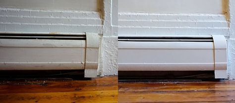 Step by Step: How To Paint Metal Baseboard Heater Covers — Apartment Therapy Tutorials Metal Baseboard, How To Paint Metal, Baseboard Radiator, Baseboard Heaters, Heater Covers, Baseboard Heater Covers, Electric Baseboard Heaters, Painting Baseboards, Guest Bedroom Remodel