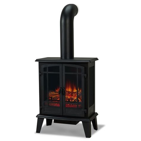 Designed to look like a built-in wood stove, the Foster electric stove mimics the look of a real fire, but does not require a chimney or vents. It plugs into a standard outlet for convenient set up. The glass doors are framed and the glass-panelled sides allow for maximum beauty and light distribution. Multiple heat settings, optional use of the chimney and a compact footprint make this fireplace ideal for smaller settings.Includes a mantel, electric firebox, 4 legs, 24-in chimney, wall anchor, Electric Stove Fireplace, Free Standing Electric Fireplace, Black Electric Fireplace, Modern Stoves, Indoor Electric Fireplace, Freestanding Fireplace, Fireplace Hearth, Real Flame, The Foster