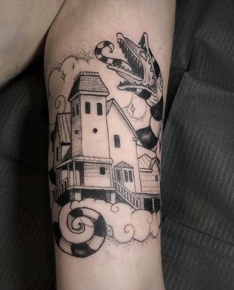 The Handbook For The Recently Deceased Tattoo, Beetlejuice House Tattoo, Beatle Juice Tattoos, Beetlejuice Tattoo Ideas, Stephen King Tattoos, Beetlejuice House, Sydney Tattoo, Horror Sleeve, Beetlejuice Tattoo