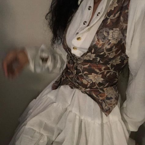 White ruffle button up dress paired with floral vintage vest By @theprincesskhai on ig White Button Up With Vest, Black Vest Outfit, Diving Lessons, Outfit Grunge, Floral Vest, Prom Outfit, Floral Vests, Waistcoat Dress, Vest And Tie