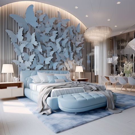 Bedrooms With Blue Accents, Blue Luxury Bedroom, Light Blue Luxury Bedroom, Modern Luxury Bedroom Design Master Suite Blue, Dark Blue Luxury Wallpaper, Futuristic Home Interior Master Bedrooms, Modern Bedroom Interior Design Ideas, Master Bedrooms 3d Design, Tanya Shatseva