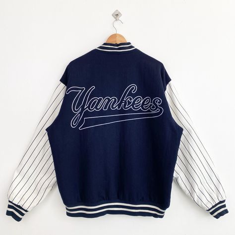 Vintage MLB New York ‘Yankees’ Reversible Jacket by Jeff Hamilton Embroidery Logo Blue, White Color Men’s L by OzzyVintageShop on Etsy Vintage Yankees Jacket, Hamilton Embroidery, Yankees Jacket, Vintage Yankees, Jeff Hamilton, Reversible Jacket, New York Yankees, Embroidery Logo, Nhl