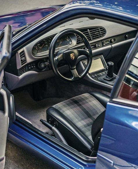 Porsche 944 with custom A/V system, Club Sport steering wheel and tartan cloth seat inserts. 944 Porsche, Porsche 924s, 944 Turbo, Porsche 968, Porsche 924, Classic Racing Cars, Porsche 914, Porsche 944, Datsun 240z