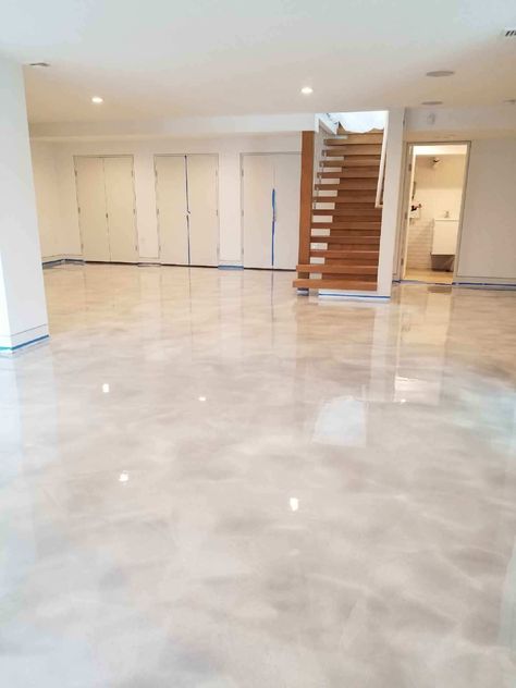 Basement With Epoxy Floor, Light Epoxy Floor, White And Gold Epoxy Floor, Metallic Epoxy Floor Living Room, White Epoxy Floors In Home, Apoxy House Floor Ideas, Epoxy Basement Floor Ideas, Basement Epoxy Floor, Concrete Floor Epoxy