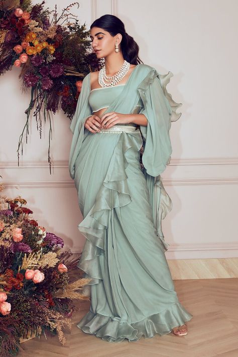 Indian Fashion 2023 Trends Women, Bride Essentials, Farewell Ideas, Silk Tops For Women, Frill Saree, Organza Sari, Floral Organza Saree, Ruffled Saree, Saree Fancy