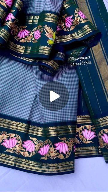 Tanjore Painting Saree Design, Saree Border Painting Designs, Tanjore Painting Border Designs, Painted Sarees Design, Tanjore Painting On Sarees, Painting Sarees Design, Tanjore Painting On Blouses, Tanjore Painting On Fabric, Painted Parrots