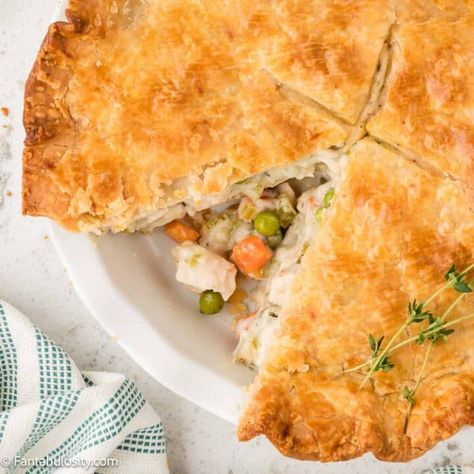 This chicken pot pie recipe is the ONE! It uses rotisserie chicken (or your favorite cooked chicken) and store-bought pie crust but it all tastes homemade! So good. Easy Chicken Pot Pie Recipe, Chicken Pot Pie Filling, Pot Pie Filling, Pre Cooked Chicken, Budget Bytes, Easy Chicken Pot Pie, Cream Of Mushroom, Pot Pies Recipes, Rotisserie Chicken Recipes