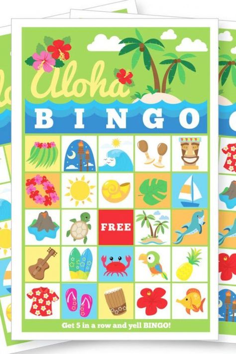 Keep your guests entertained with a fun game of bingo. Download and print these 'Aloha' bingo cards and watch as everyone has a laugh. See more party ideas and share yours at CatchMyParty.com Laua Party Ideas Hawaiian Luau Games, Hawaii Themed Party Games, Luau Party Ideas Classroom, Luau Birthday Party Games, Hawaiian Theme Summer Camp, Indoor Luau Party Games, End Of The Year Luau Classroom Party, Hawaiian Games For Kids, Hawaiian Theme Party Games