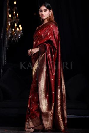 Online Saree - Buy Latest Designer Sarees Online at Karagiri Maroon Saree, Purple Weave, Brocade Saree, Checks Saree, South Silk Sarees, Banarsi Saree, Raw Silk Saree, Art Silk Sarees, Kanjivaram Sarees