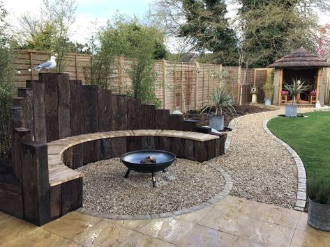 Sleepers In Garden, Old Railway, Garden Seating Area, Curved Bench, Fire Pit Landscaping, Backyard Fireplace, Back Garden Design, Garden Fire Pit, Rock Garden Landscaping