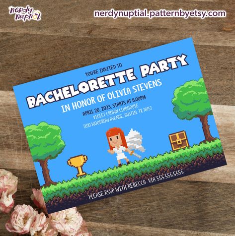 Start a quest for FUN. This bachelorette party invite is great for anyone who loves gaming old and new. ⁠ #nerdynuptial #diywedding #bachelorette #gamer #videogame Nerdy Bachelorette Party, Video Game Wedding, Bachelorette Party Invite, Nerdy Wedding, Bachelorette Themes, Wedding Shower Games, Ready Player One, Player One, Wedding Posters