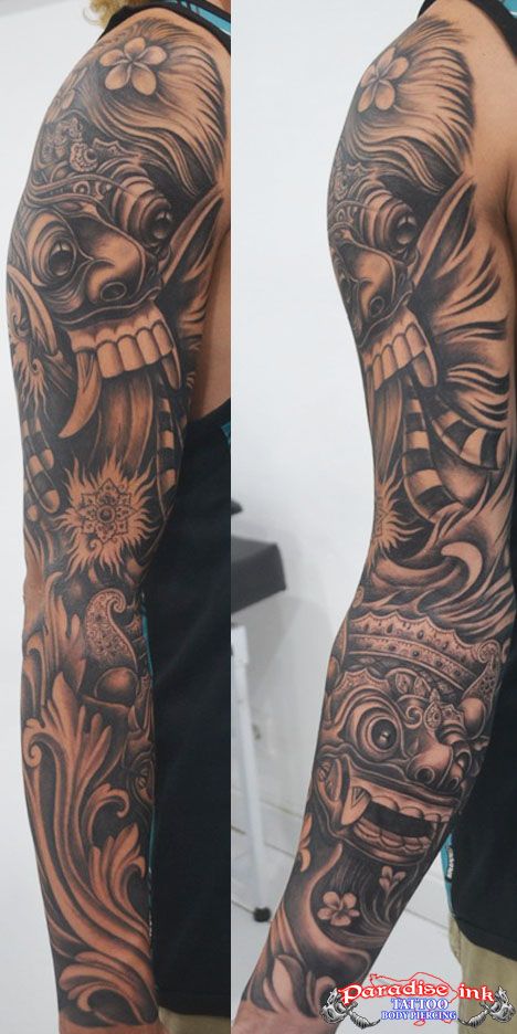 Balinese Barong and Rangda mask tattoo Balinese Sleeve Tattoo, Barong Rangda Tattoo, Tattoo Barong Bali, Balinese Tattoo Design, Garuda Tattoo, Indonesian Tattoo, Barong Tattoo, Balinese Tattoo, Aztec Tattoos Sleeve