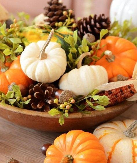 wooden bowl filled with pumpkins, corn, pinecones and greenery Diy Thanksgiving Centerpieces, Centerpiece Tutorial, Fall Centerpieces, Fall Table Centerpieces, Diy Thanksgiving, Fall Arrangements, Fall Thanksgiving Decor, Fall Deco, Fall Tablescapes