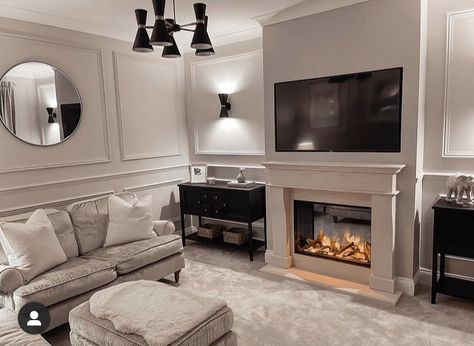 Panelling Living Room, Grey Carpet Living Room, Black And Gold Living Room, Log Burner Living Room, Media Walls, Lounge Room Styling, Living Room Fireplace, Kitchen Decor Inspiration, Sitting Rooms