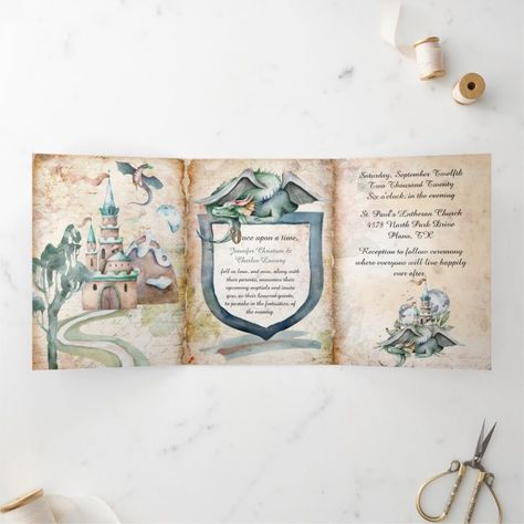 Wedding Invitation Fairytale, Dragon Wedding Invitations, Storybook Wedding Invitations, Story Book Wedding Invitations, Fairytale Dragon, Tri Fold Wedding Invitations, Book Wedding Invitations, Booklet Ideas, Fairy Tale Garden