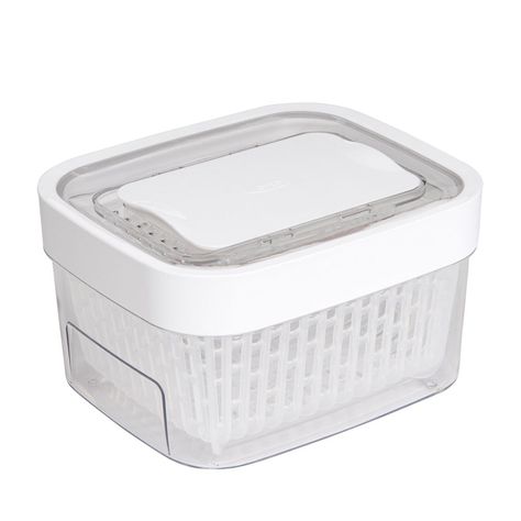 Keep produce fresher for longer with Oxo's handy produce basket. Designed to provide optimal humidity and ethylene levels for lettuce, fruits and more, it features a natural carbon filter. | BPA-free plastic/carbon material | Hand wash; sliding date indicator lets you know to replace filter | Imported | 5.8" x 6.6" x 4.1"; 1.6 quarts | Includes one filter | Web ID:1401713 Produce Baskets, Produce Storage, Refrigerator Organizer, Interior Boho, Clean Life, Fridge Storage, Refrigerator Storage, Fridge Organization, Wants And Needs