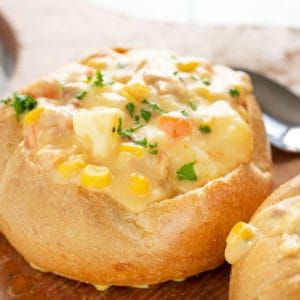 Bread Bowl Ham Chowder | i am baker Ham Chowder Recipe, Bread Bowl Soup, Ham Chowder, Honey Baked Ham, Chowder Soup, I Am Baker, Fall Soup Recipes, Chowder Recipe, Bread Bowl