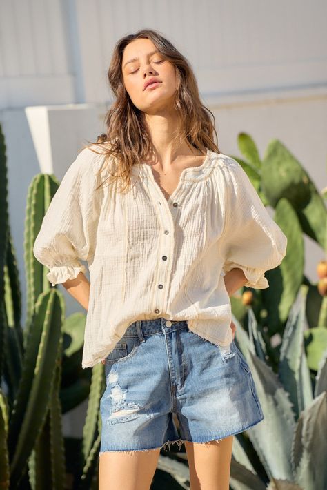 Expertly crafted from lightweight cotton gauze, this button-up top features 100% cotton fabric for a comfortable and breathable fit. Half sleeves with elastic band. Perfect for any occasion, it offers a soft boho style while keeping you cool and comfortable. Runs on the generous size. 100% cotton Keep Your Cool, Boho Style, Elastic Band, Half Sleeves, Boho Fashion, Button Up, Cotton Fabric, Elastic, Band