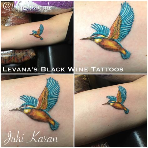 Kingfisher tattoo by Juhi Karan. Coloured tattoo. India. Levana's Black Wine Tattoos. @thetattoocafe Kingfisher Tattoo Design, Wine Tattoos, Kingfisher Tattoo, Wine Tattoo, Tattoo Cafe, Random Tattoos, Bird Ideas, Bird Tattoo Meaning, Pretty Flower Tattoos