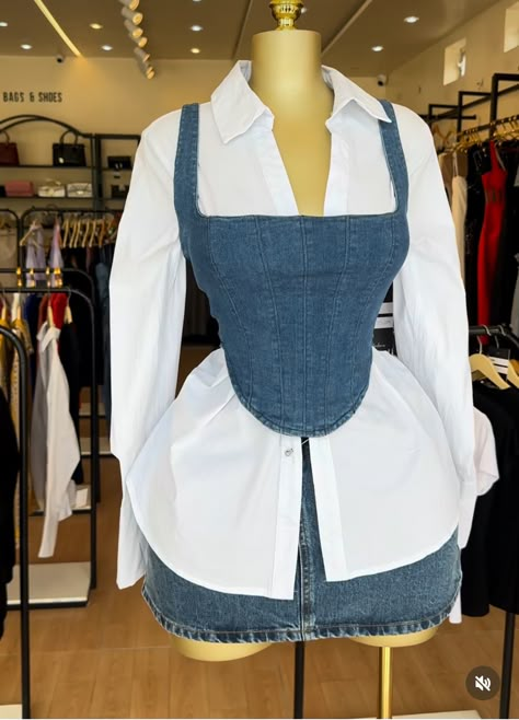 Blue White Striped Blouse Outfit, White And Denim Outfits Black Woman, Button Down With Corset, Corset Over Button Up, Pink Lace Top Outfit, Jean Dress Outfit Black Women, Jean Corset Outfit, Denim Corset Top Outfit, Big Stomach Outfits