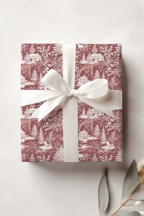 Red Christmas Toile Wrapping Paper: Red toile Wrap Xmas - Etsy Christmas Gift Wrapping Ideas Red, Chinoiserie Christmas Wrapping Paper, Classy Wrapping Paper, Red Christmas Gift Wrapping, Aesthetic Christmas Wrapping Paper, Kardashian Christmas Wrapping, Red Christmas Wrapping Ideas, Christmas Wrapping Paper Aesthetic, Red Wrapping Paper Christmas