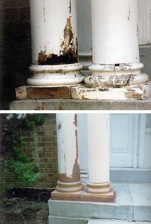 Close-up of column bases with missing pieces. Brick Deck Columns, Column Transformation, Replace Iron Porch Columns, Brick Support Column, Wood Porch Columns, Column Footing Detail, Porch Pillars, Front Porch Columns, Wood Column