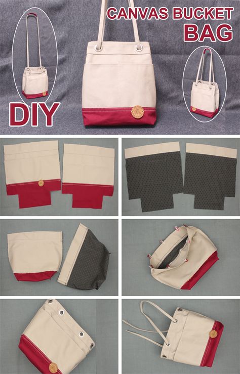 Diy Fabric Bucket, Diy Bucket Bag How To Make, Bucket Bag Pattern Free Sewing Projects, Bucket Bags Diy, Canvas Bag Design Diy, How To Make Bag, How To Make A Bag, Canvas Bags Diy, Canvas Bags Ideas