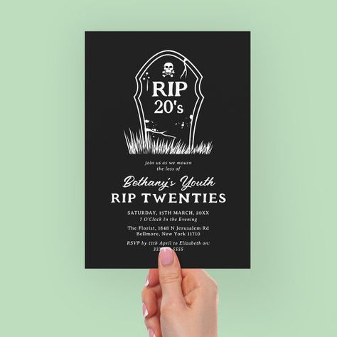 Rip Twenties Birthday Invitation, Rip 20s Birthday Party Invitation, Rip 20s Invitation, Rip Twenties Birthday Decorations, Rip 30s Birthday Party, All Black 30th Birthday Party, Rip 20s Birthday Party Decor, Rip 30th Birthday, Black Party Invitations