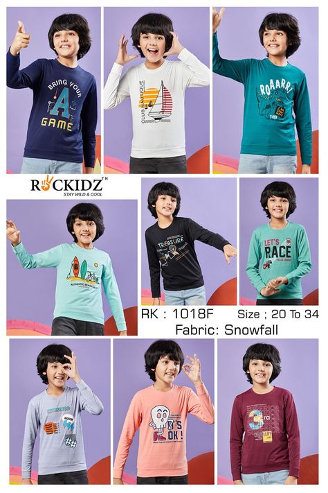 Kavya Style Plus +91-8758538270: R 1018 Rockidz Boys Tshirt Boys Tshirt Design, Shirt Concept, Kids Tshirt Designs, Polo T Shirt Design, One Piece Gown, Full Sleeves Design, Patiyala Suit, Picture Jokes, Baby Boy Outfits Swag