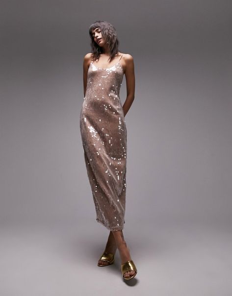 Dresses by Topshop Welcome to the next phase of Topshop Scoop neck Adjustable straps Kick split Regular fit Pastel Sequin Dress, Beige Sequin Dress, Saltburn Party, Sequin Bridesmaid Dress, Sequin Slip Dress, Cami Midi Dress, Shimmer Dress, 21st Dresses, Midi Slip Dress