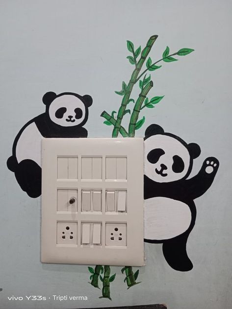 Switch Board Art 🎨 Wall Painting Ideas For Study Room, Painting On Switch Board Aesthetic, Simple Hostel Room Decor Ideas, Switch Board Art Ideas Room Decor, Panda Wall Painting, Creative Switch Board Art, Cute Wall Painting, Tattoos Panda, Switchboard Art