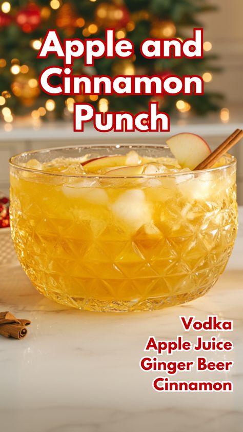 Apple and Cinnamon Punch Thanksgiving Apple Cider, Apple Cocktails, Autumn Beverages, Fall Punch, Festive Punch, Cinnamon Sugar Rim, Cocktail Cards, Thanksgiving Punch, Ginger Beer Cocktail